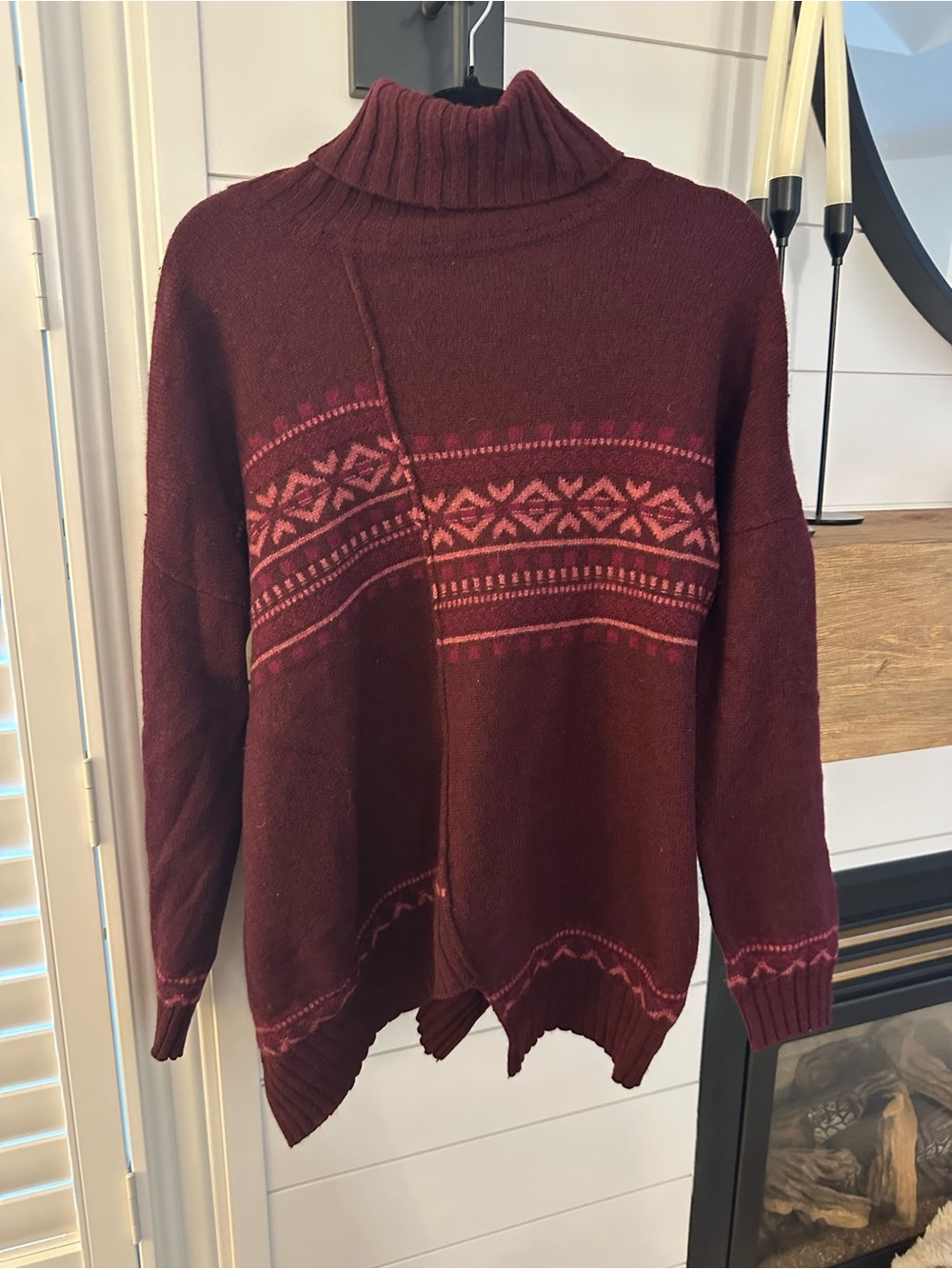 Cynthia Rowley WOOL & YAK HAIR Burgundy & Pink Fair Isle Turtleneck Sweater
